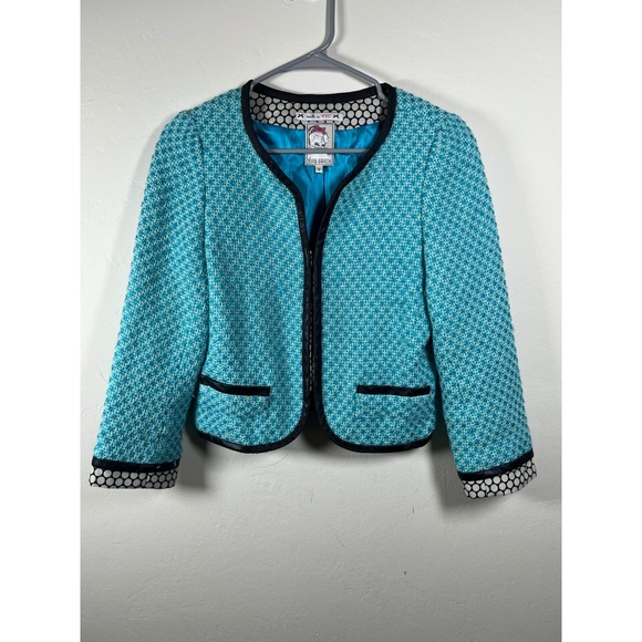 Yoana Baraschi Aqua Tweed Blazer Jacket Black Trim Polka Dot Lining Made NYC - Picture 1 of 16